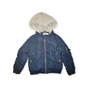 Navy Blue Bomber Jacket with Gray Hood
